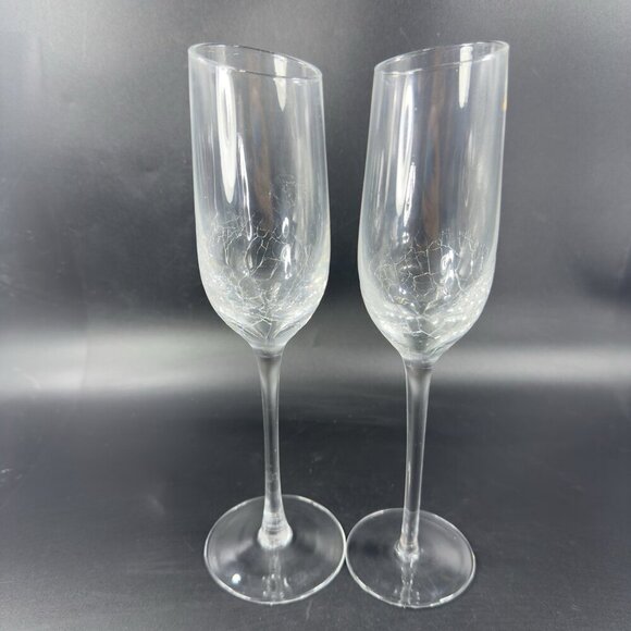 Pier 1 Clear Glass Crackle Angled Rim Goblet Drinking Glasses Cups Flutes Set  2 - Picture 11 of 11